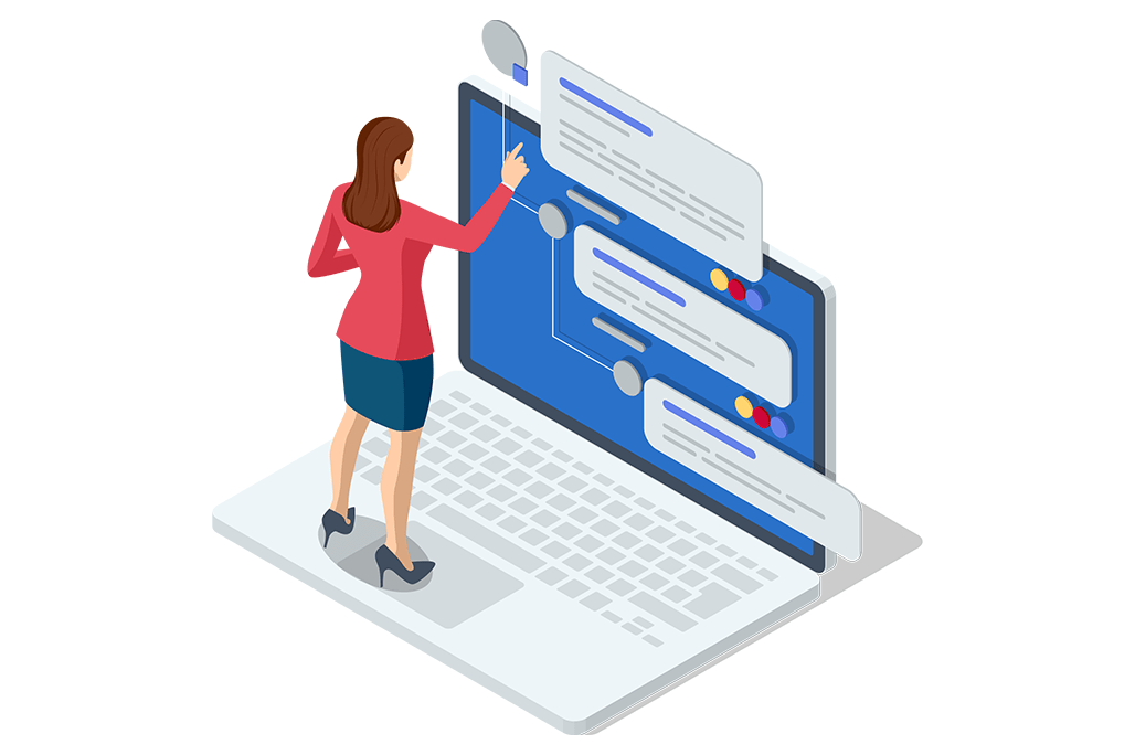 A woman in a red jacket interacts with a laptop showing various steps of a form.