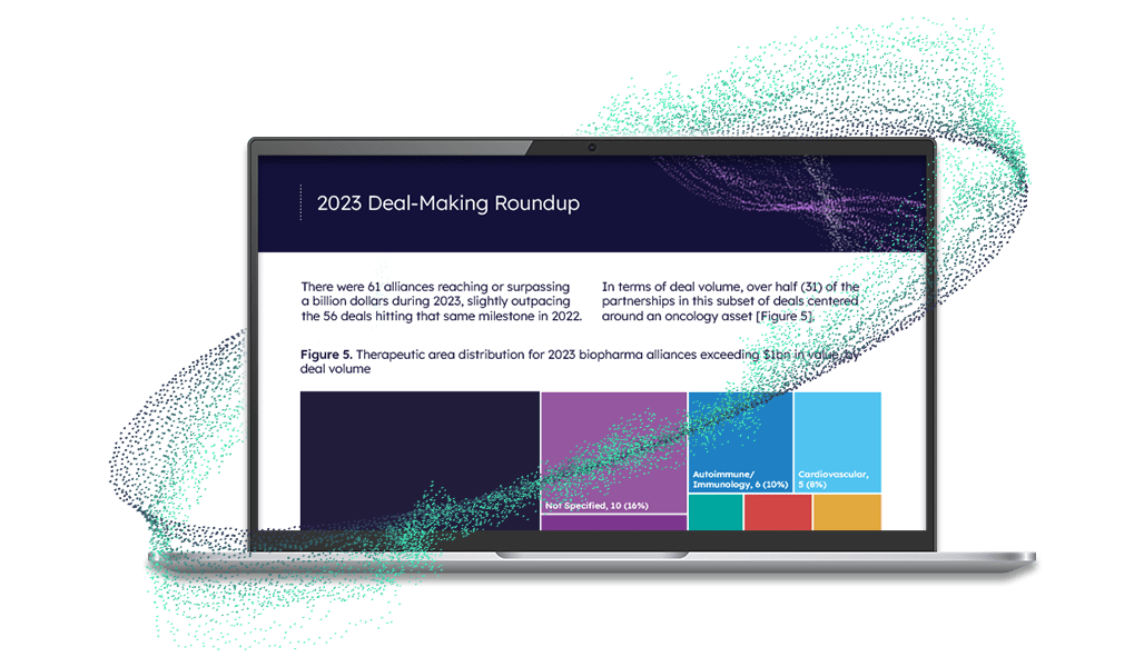 PDF preview of the 2023 Deal-Making Roundup white paper, provided by Biomedtracker, in a laptop device.