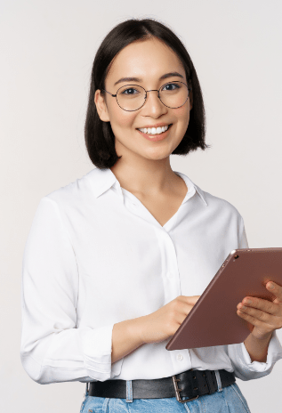 A person standing holding a tablet device.