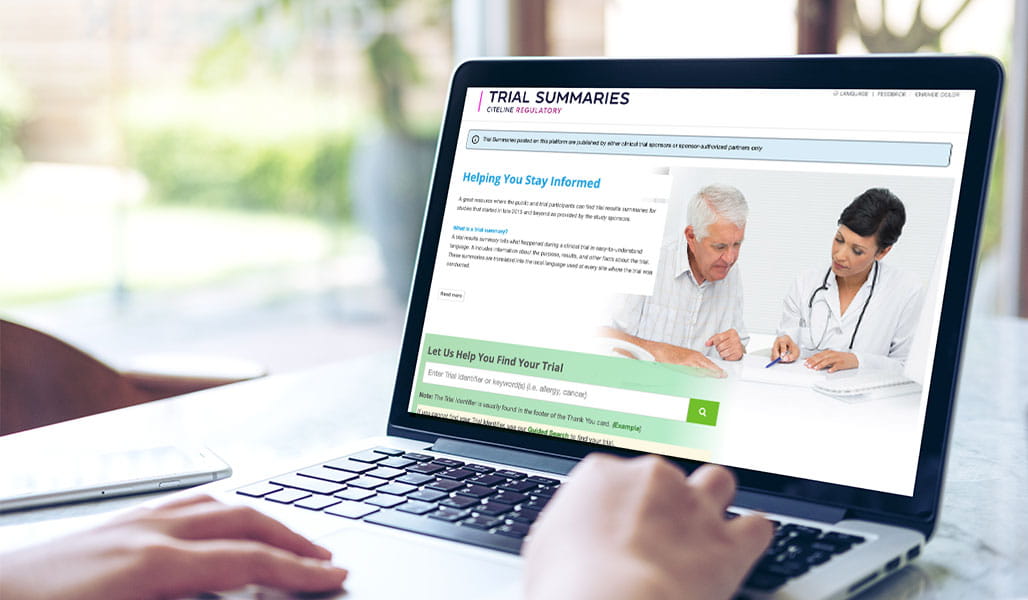 Sponsor accessing TrialSummaries.com on a laptop device.