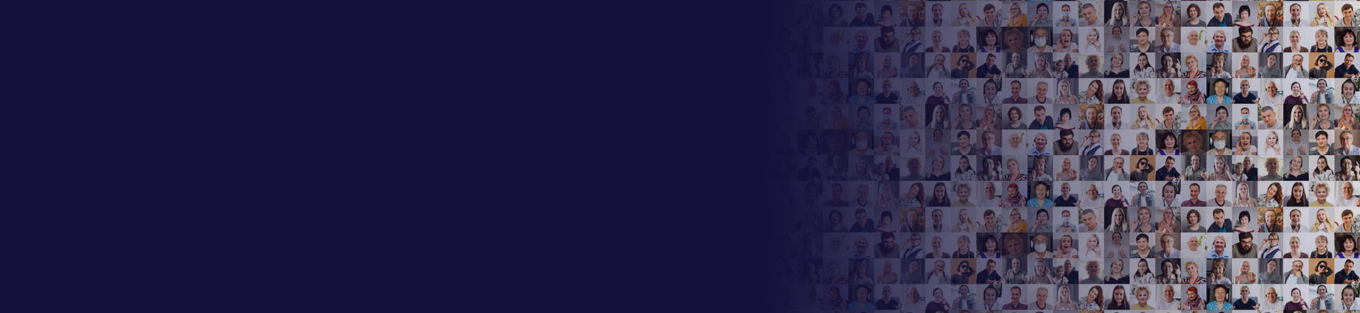 A collage of diverse faces arranged in a grid pattern against a dark background, showcasing a variety of expressions and ages.