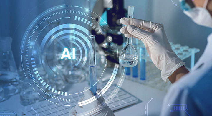 A lab technician in gloves holds a flask, surrounded by scientific equipment and an overlay featuring "AI" and tech elements.