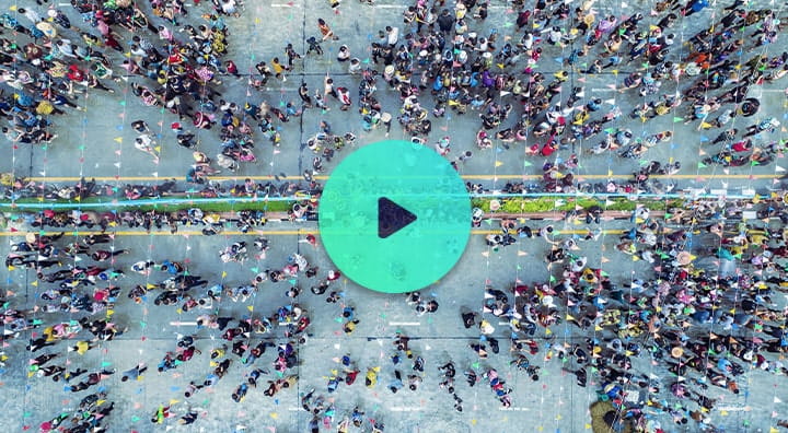 Aerial shot over a busy street.