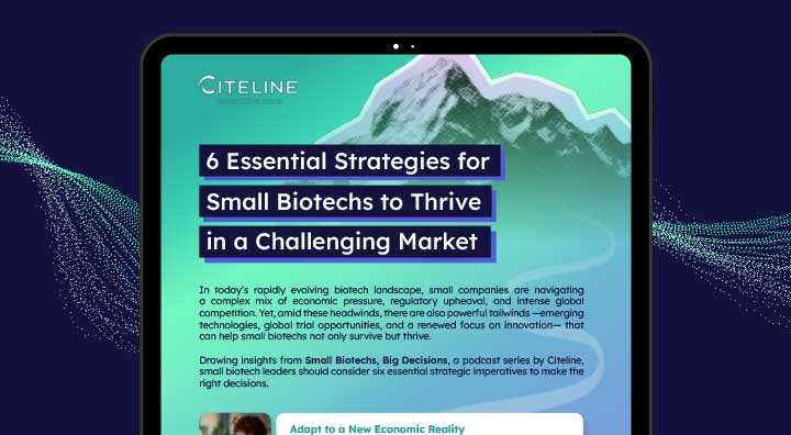 PDF preview of the 6 Essential Strategies for Small Biotechs to Thrive in a Challenging Market infographic.