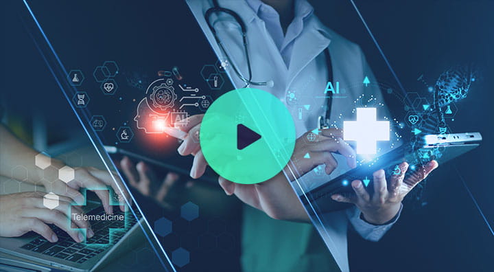 Collage showing hands typing on a laptop, a doctor using a tablet with AI and medical icons, and hands holding a tablet with healthcare symbols.