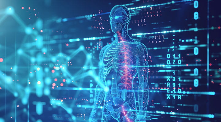 A digital hologram of a human body displaying anatomical features alongside streaming binary code.