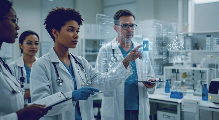 A group of medical professionals in a lab interact with a digital AI interface displaying data.