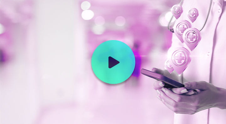 A medical professional holding a smartphone with GPS icons.