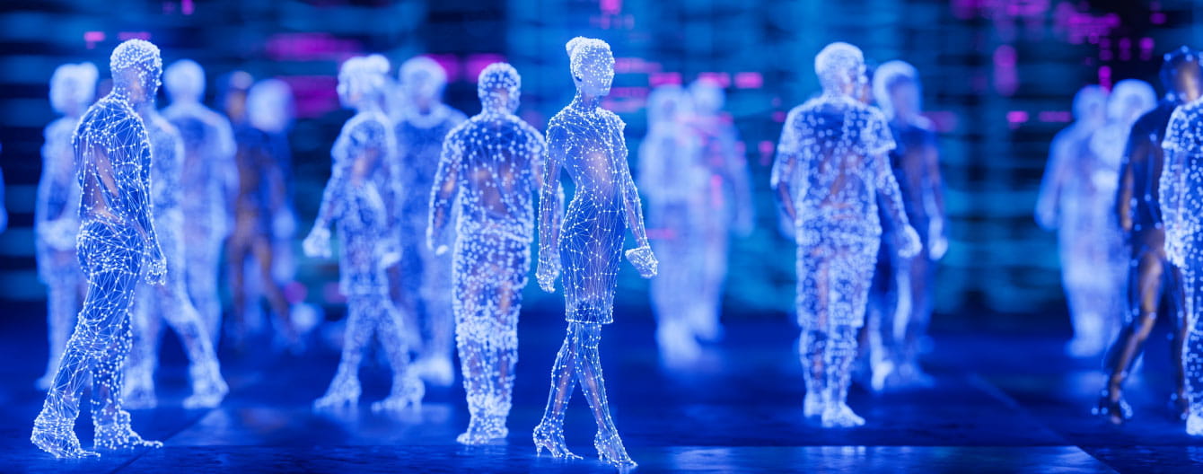 Digital outlines of a group of people.