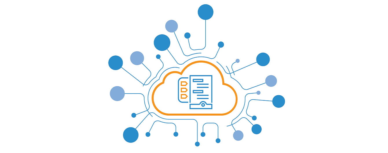 Cloud storage icon with connected data nodes.
