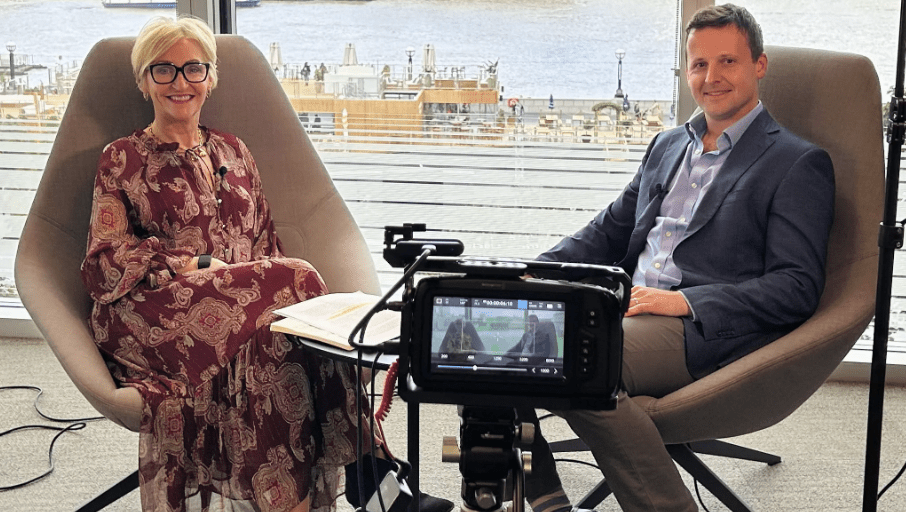 Claire Riches and Dan Chancellor on the podcast set of Small Biotechs Big Decisions.