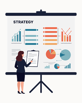 Woman standing in front of a presentation board filled with various charts and graphs.