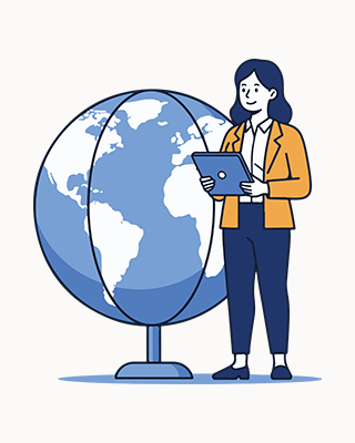 Woman standing in front of a globe holding a tablet device.