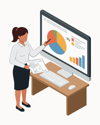 A woman in a business suit points to various charts on a computer screen.