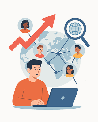 A person working on a laptop with a global network showing connections.