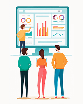 Four people observe a large screen displaying graphs and data analytics.