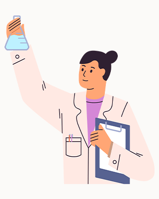 Researcher holding up a medical beaker.