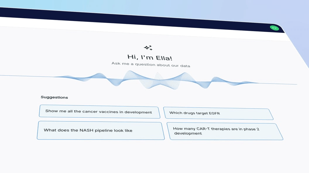 A digital interface featuring a virtual assistant, Ella, with suggestions for healthcare-related queries about drug development. Click to watch.